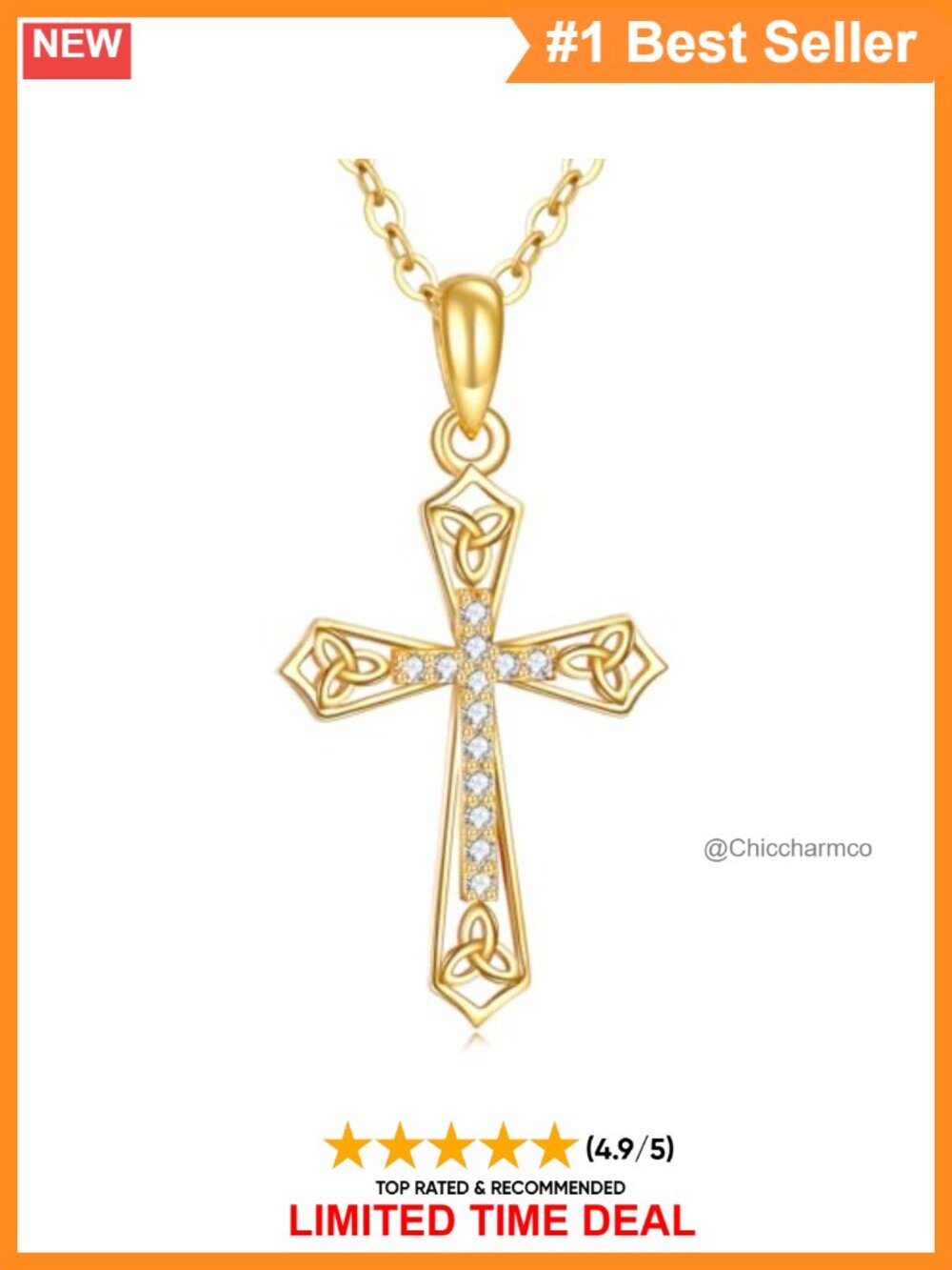 14K Real Gold Celtic Knot Cross Pendant Necklace 18in Women Fine Jewelry